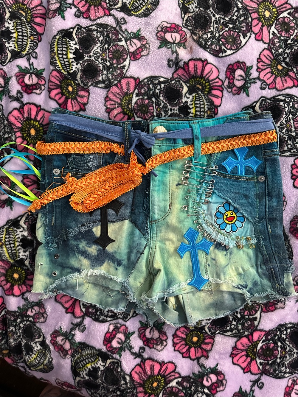 Embroidered Teal-to-Blue Gradient Distressed Jean Shorts with Patchwork
